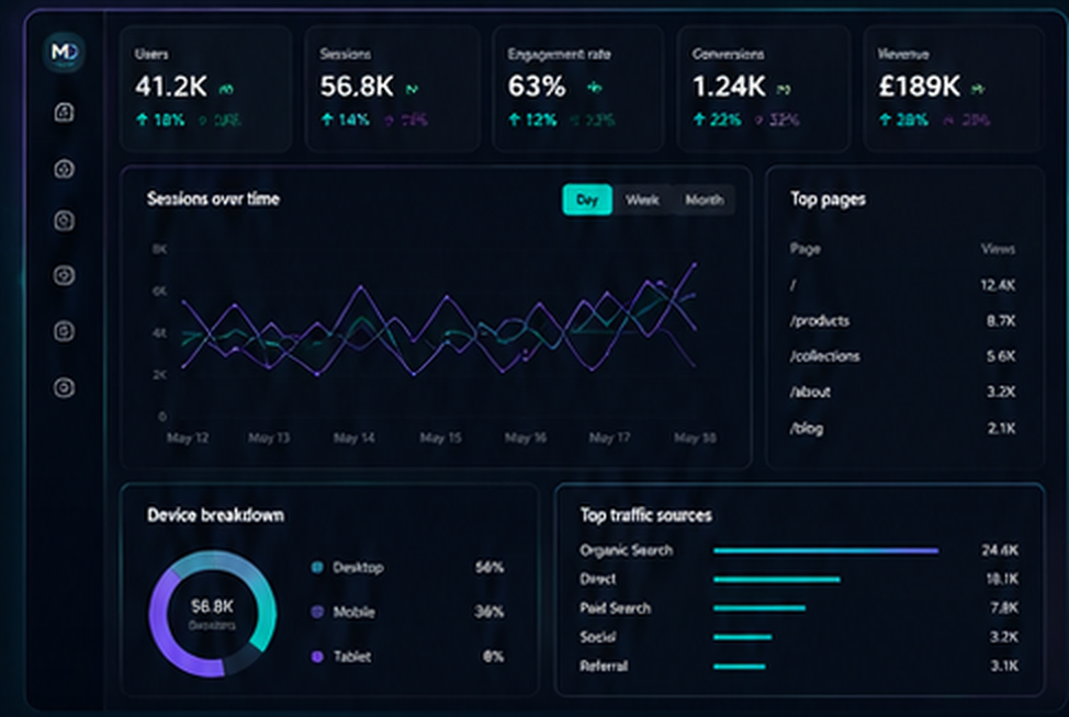Analytics dashboard with charts and visitor metrics